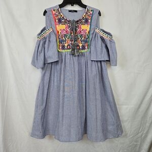 Kate C Women Blue White Stripe Aztec Embroidery Cold Shoulder Summer Dress Large